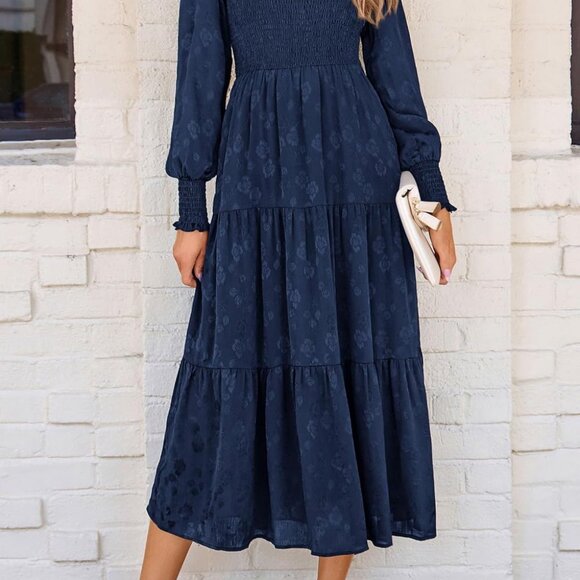 Women's Floral Midi Dress Long Sleeve Pockets Elegant Fall Spring Party Wear - Picture 8 of 8